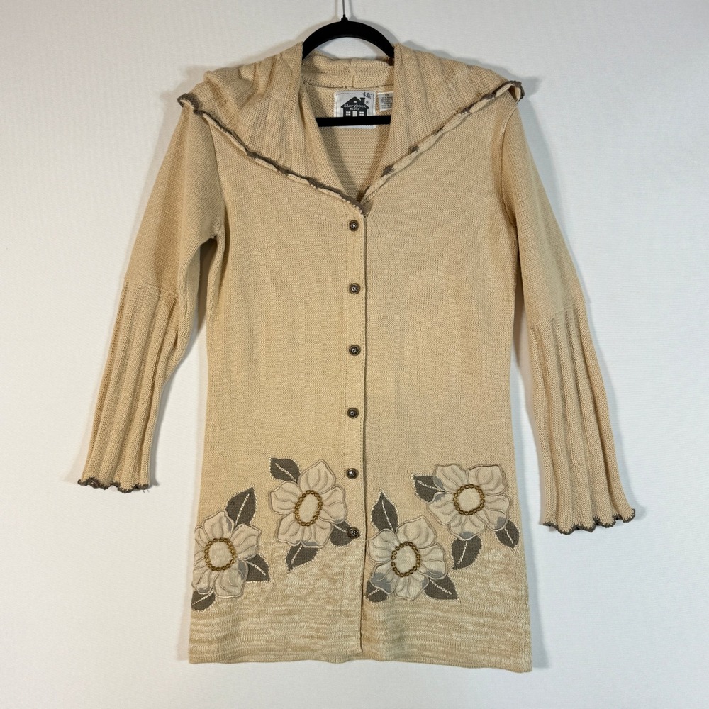 Storybook Knits XS Cardigan Beige Womens Floral Beaded Coastal Grandma Shabby‎